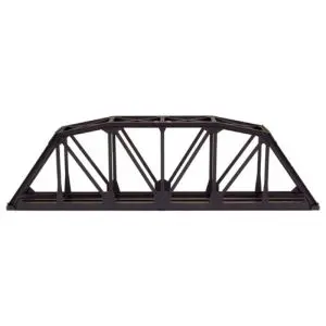 A black bridge with no rails on top of it.