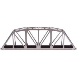 A silver bridge with black rails and a white background