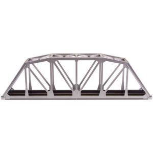 A silver bridge with black rails and a white background