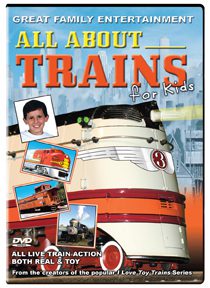 A dvd cover of the movie all about trains for kids.