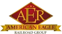A red and gold logo for american eagle railroad group.