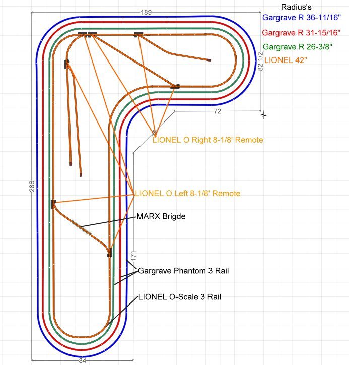 A track plan with different colored lines and numbers.