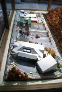 A model of an urban area with trees and buildings.